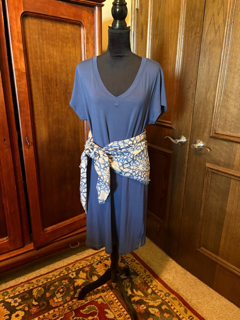 Tahari Blue Short sleeved Dress- scarf not included.